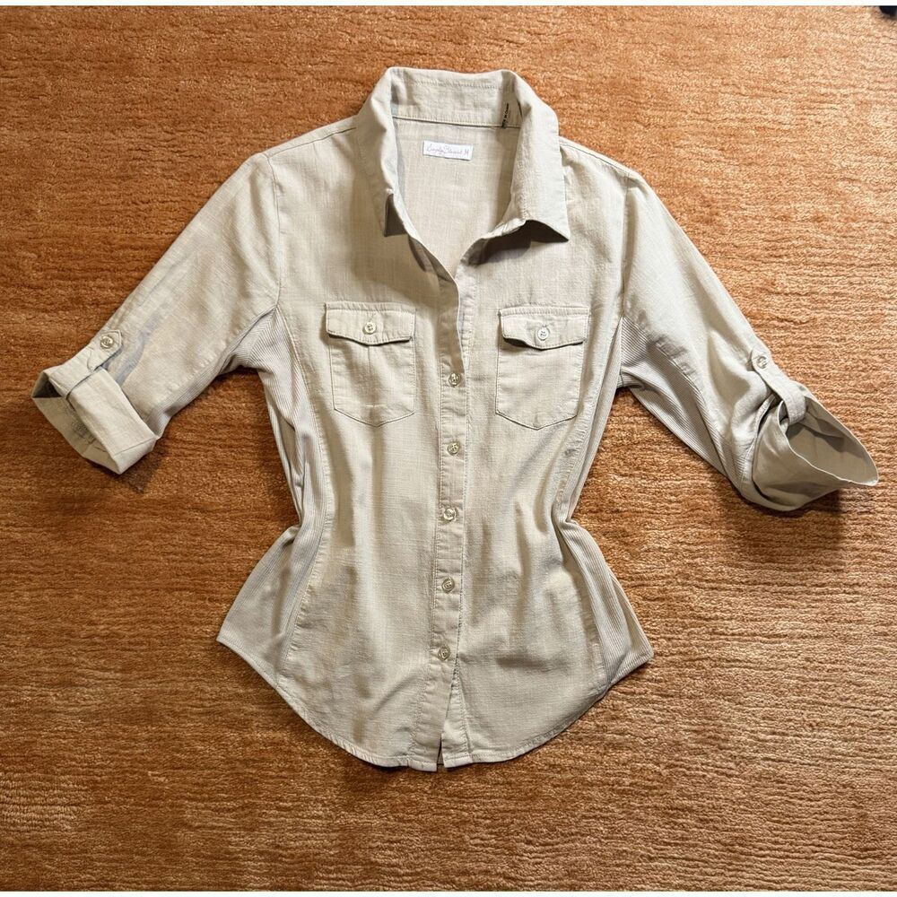 Simply Blessed Button Front Roll Tab Sleeve Fitted Shirt Beige Size M